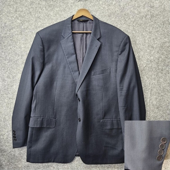 Jos A Bank Signature Gold Blazer Mens 46R Large Blue Textured Stripe‎ Wool Suit